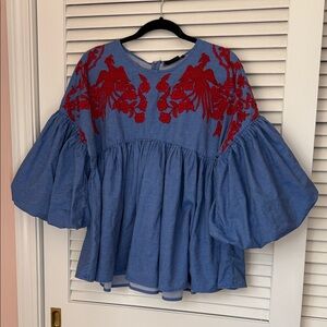 HEMANT & NANDITA Blue Blouse with Red Embroidery